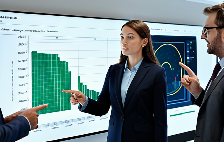 A diverse team of professional business analysts, both male and female, in modest business attire, collaboratively discussing intricate data visualizations on a large digital display in a modern corporate boardroom. One analyst points to a key insight on the screen, indicating a potential business opportunity. The scene is well-lit, high-resolution, with sharp focus. perfect anatomy, correct proportions, natural pose, well-formed hands, proper finger count, natural body proportions, fully clothed, appropriate attire, modest clothing, professional dress, safe for work, appropriate content, family-friendly.
